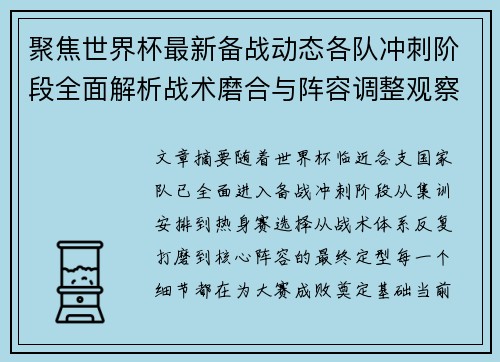 聚焦世界杯最新备战动态各队冲刺阶段全面解析战术磨合与阵容调整观察
